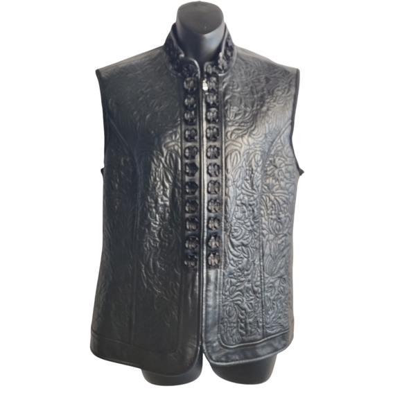 nygard Jackets & Blazers - Nygard Collection Leather Knit Jacket Black Floral Rayon Nylon Knit Zip Vest M